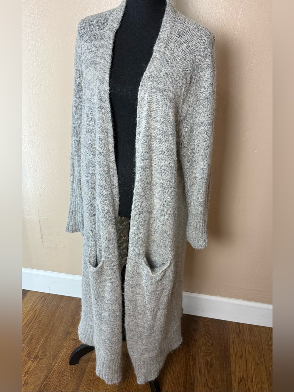 Free People Grey Alpaca Wool Blend Open Front Maxi Duster Cardigan Pockets